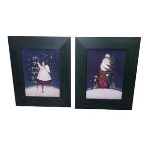 Mary Beth Baxter Folk Art Christmas Wood Framed Wall Art Pair